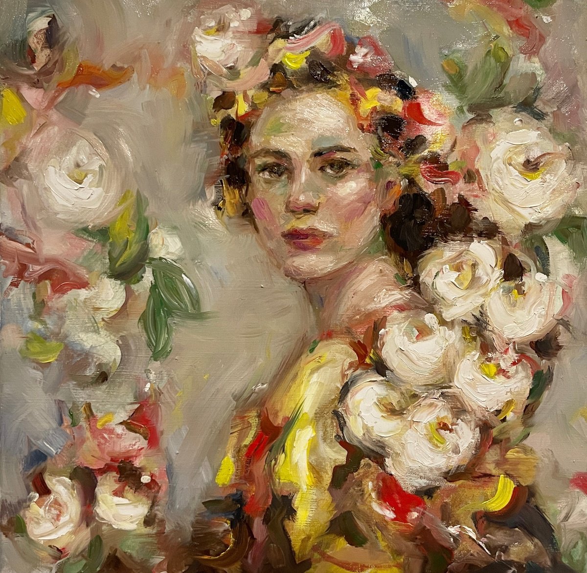 Impressionistic Portrait Oil Painting By Dif | Diletta Innocenti Fagni, 16 X 16, Lady With Orchid, Original Artwork