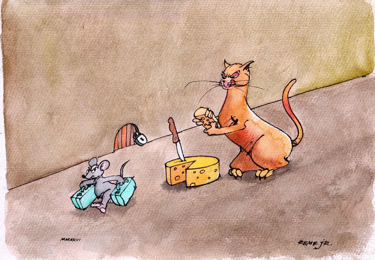 Cartoon Ink Drawing , The Cat And The Mouse By Reme Jr., 8 X 11, Artwork For Sale On Artfinder
