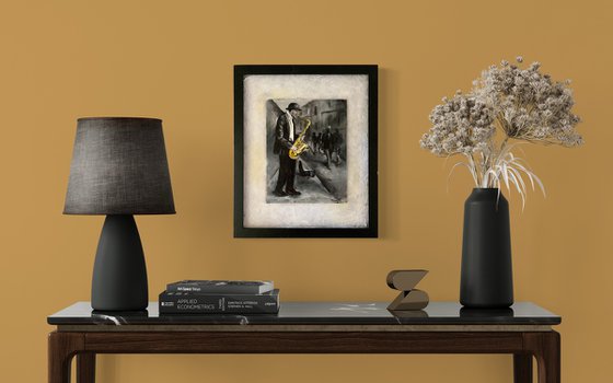 Street Saxophonist Original Oil painting Black and White on handmade paper Matted Black Frame