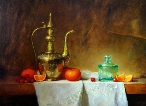 Still Life with Pitcher, Mandarins and Glass Bottle.