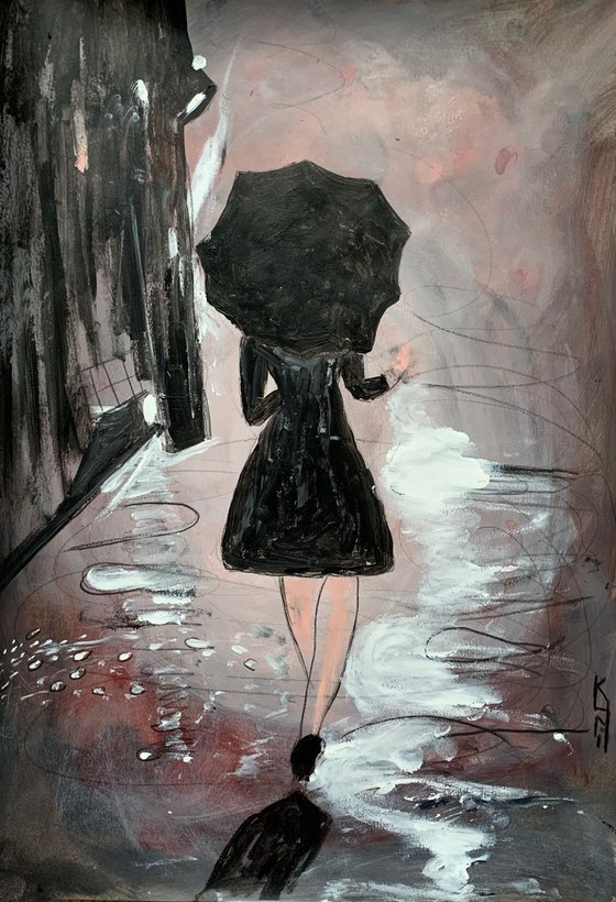 Painting of Woman / Walking in Rain / Portrait / Original Artwork / Rain Painting / Gifts For Him / Home Decor Wall Art 11.7"x16.5"