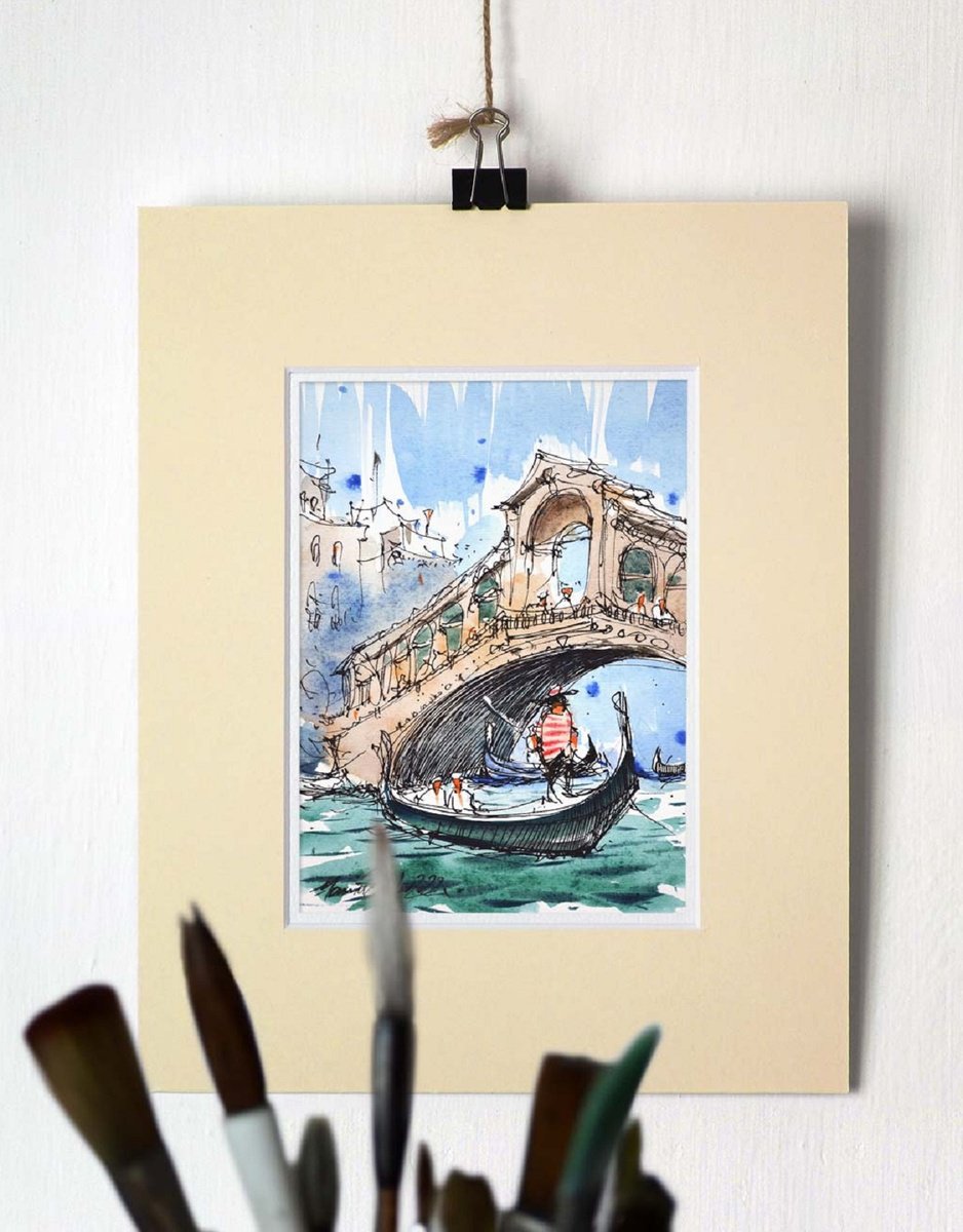 Rialto Bridge in Venice, Italy, ink and watercolor wash on paper. by Marin Victor