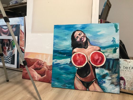 WATERMELONS - sea original oil painting - seaside, summer, erotic art, naked woman, gift idea, pop art, office art home decor