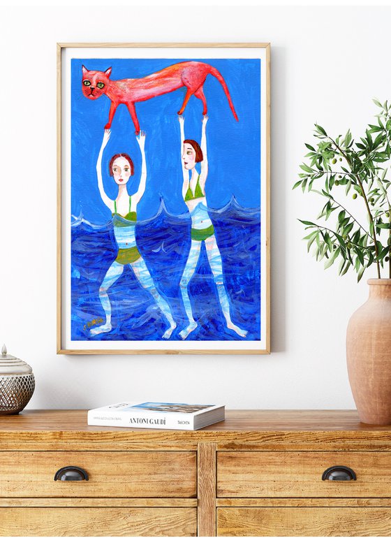 Swimming Girls with Pink Cat - Quirky Figurative Funny Art Best Friends Girlfriends