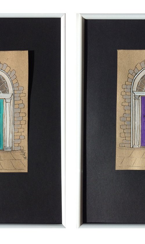 Violet and turquoise doors - Set of 2 architecture mixed media drawings in frames by Olga Ivanova