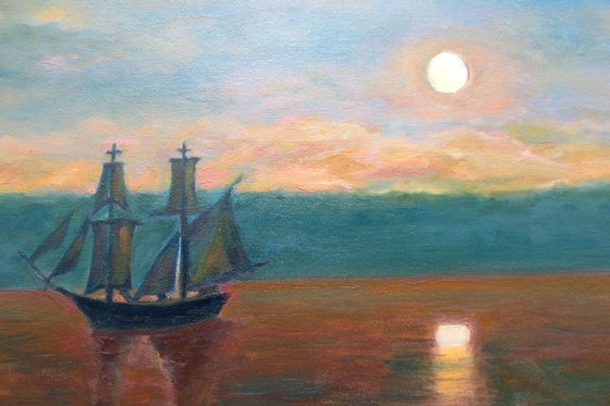 A ship by the Light of the Setting Sun - Original Seascape Oil on Canvas Traditional Impressionistic Marine Sea Sunset Dusk to Twilight in the Night Dark Orange Blue Sail Boat Harbour Sealine Port