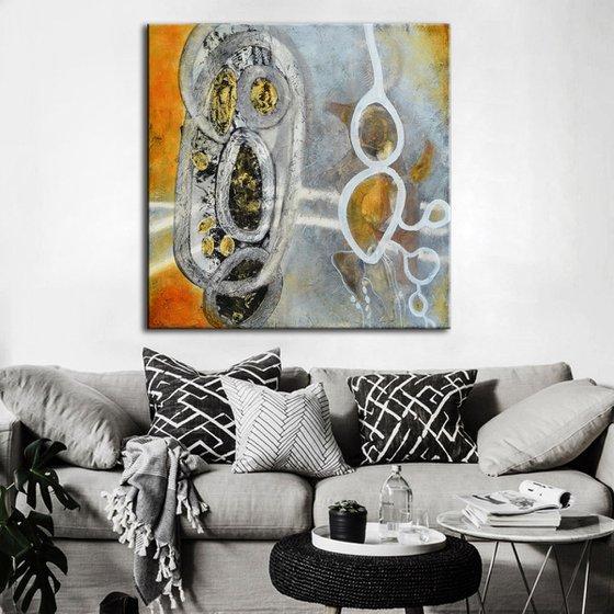 Evolution Series - large abstract painting with grey, yellow and white on wood.