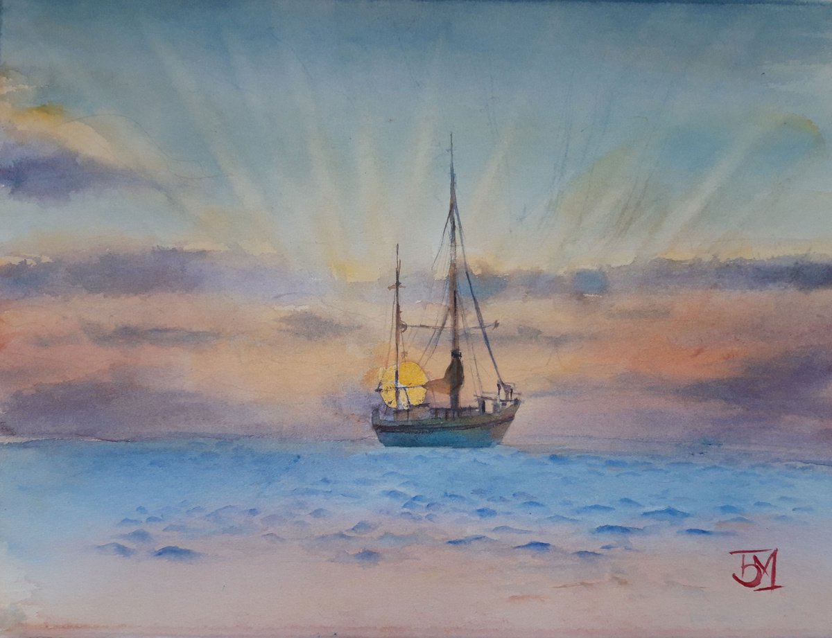 Sailboat in Calm waters, Ship at sunset by Bozhidara Mircheva
