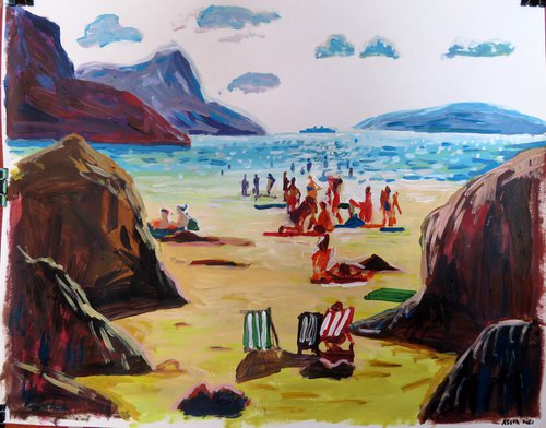 White sun, red rocks, yellow sand, blue sea by Stephen Abela