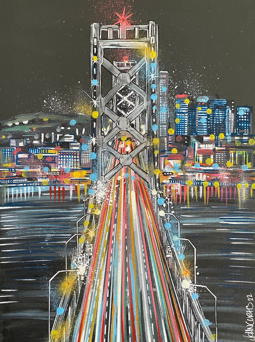 Illustrative Cityscapes Painting By John Curtis, 12 X 16, Oakland Bay Bridge, Original Artwork