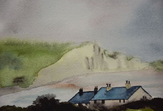 England rainy landscape original watercolor painting, Seascape with houses