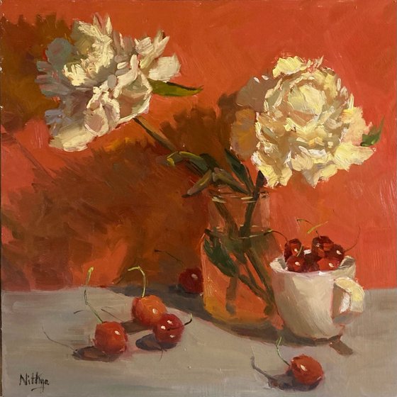 Peonies on Red - Original Floral Oil Painting Home Decor