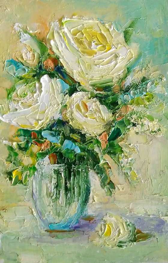 White Roses Painting Original Art Small Oil Artwork Flower Wall Art Floral Mini Oil Painting