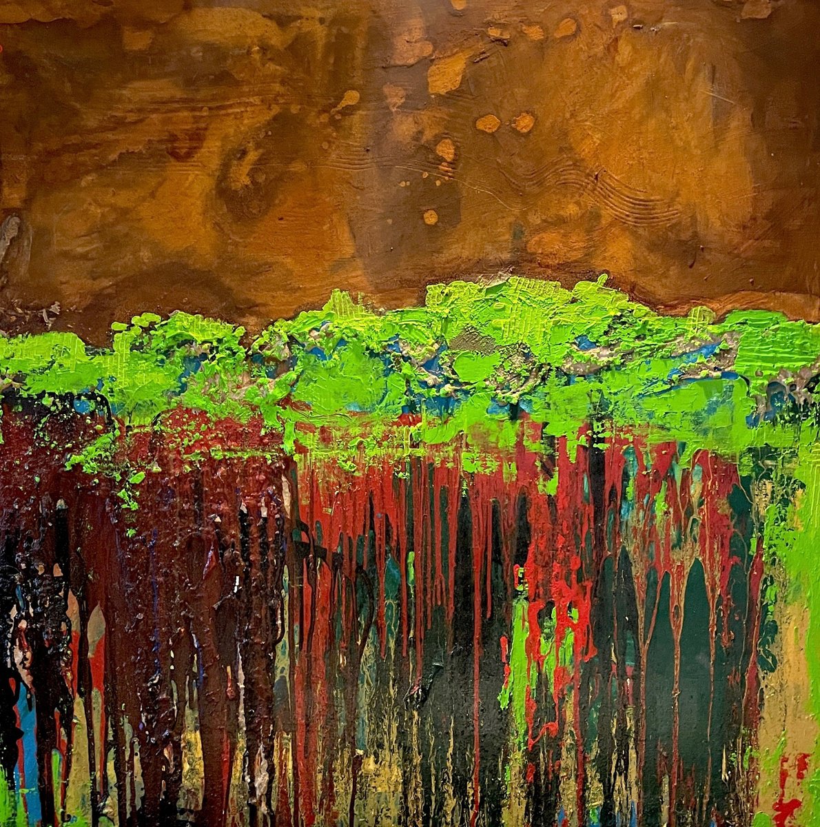 Abstract Oil Painting By Mauro Carac, 31 X 31", Rust And Moss 2, Original Artwork