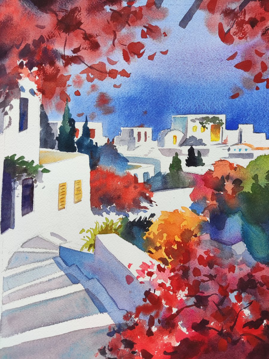 Impressionistic Landscape Watercolour By Jing Chen, 11 X 15, Santorini, Original Artwork