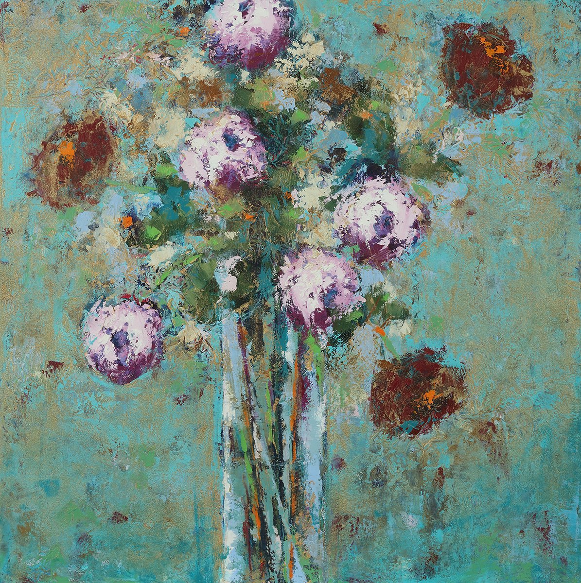 Impressionistic Botanical Oil Painting By Melinda Macdonald, 20 X 20", Golden Flowers, Original Artwork