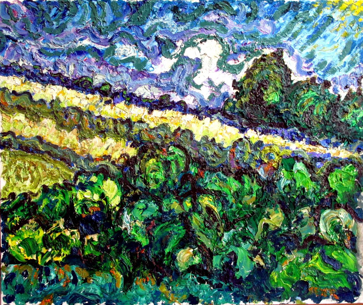 Expressive Landscape Oil Painting By Richard Meyer, 26 X 22", Hillside Under A Stormy Sky, Original Artwork