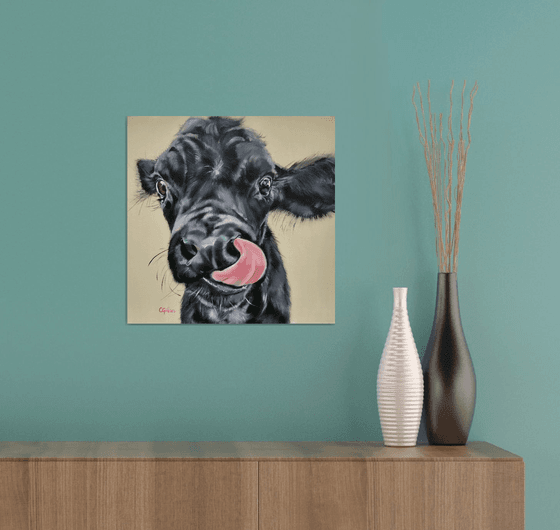 Yum! Black calf cow original oil painting 14x14"