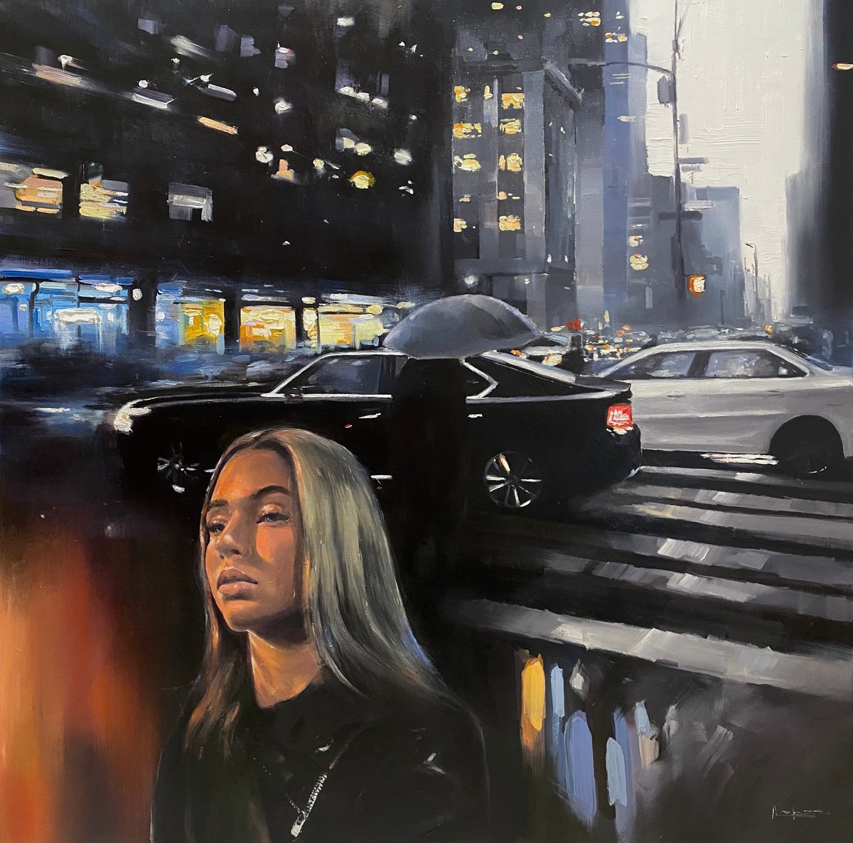 New York Rain 100x100 original oil painting by Artem Grunyka