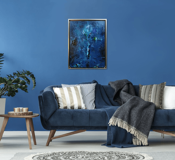 Framed blue enigmatic ghostly pot with flowers unique painting by O KLOSKA