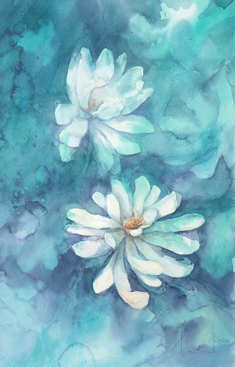 watercolour MAGNOLIA in TURQUOISE flower painting 30x45/ 2020.018 by Beata van Wijngaarden