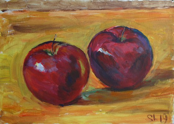 Two red apples. Acrylic on paper. 42x30 cm