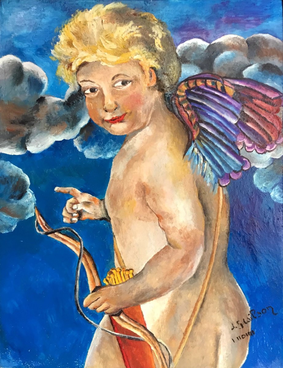 Portrait Oil Painting By Jg Wilson, 7 X 8, Naugthy Eros, Original Artwork