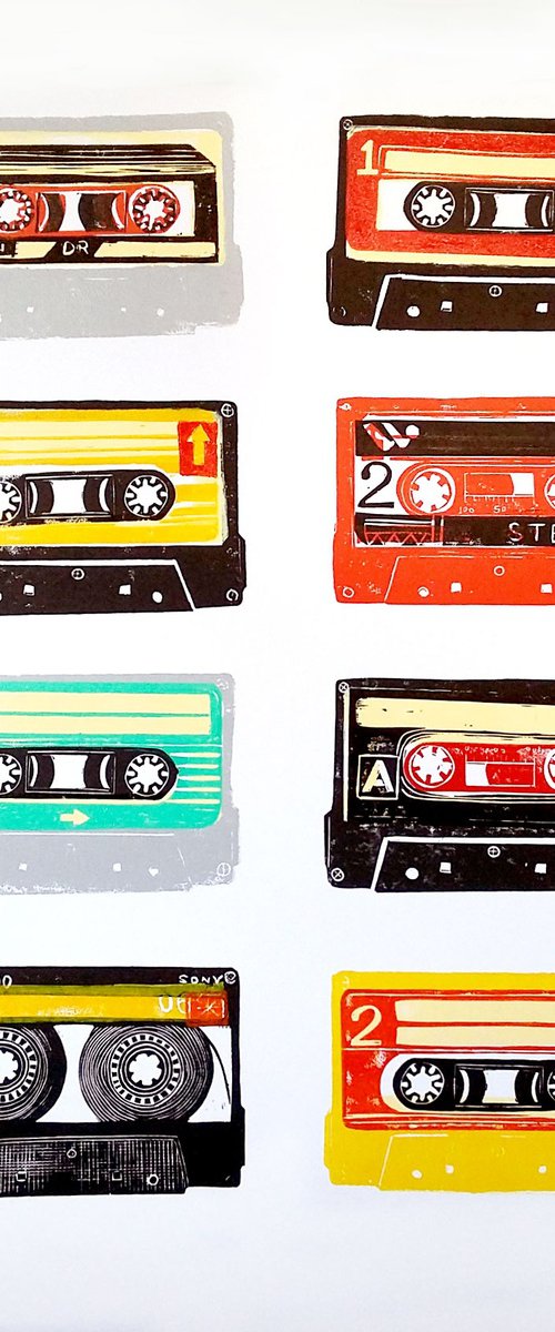 Linocut tapes #47 (cassette tapes, retro music, 70's, 80's rock culture) by Carolynne Coulson