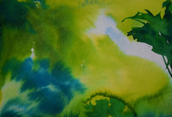 Abstract tropical trees original watercolor painting Spanish green forest