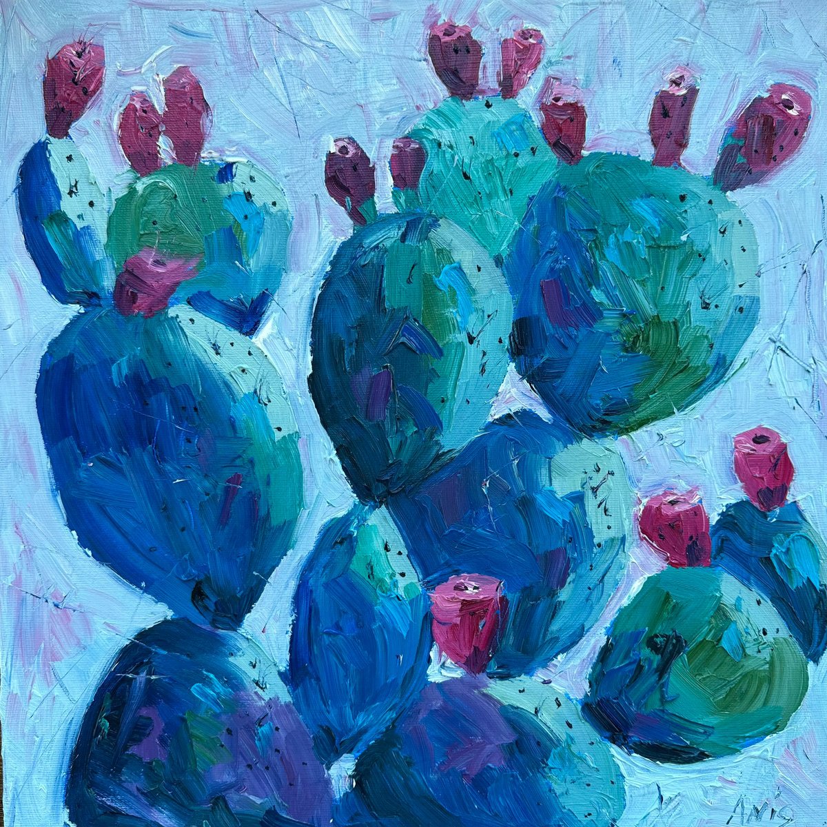 Impressionistic Botanical Oil Painting By Irina Anis, 16 X 16, Turquoise Cactus With Blossom, Original Artwork
