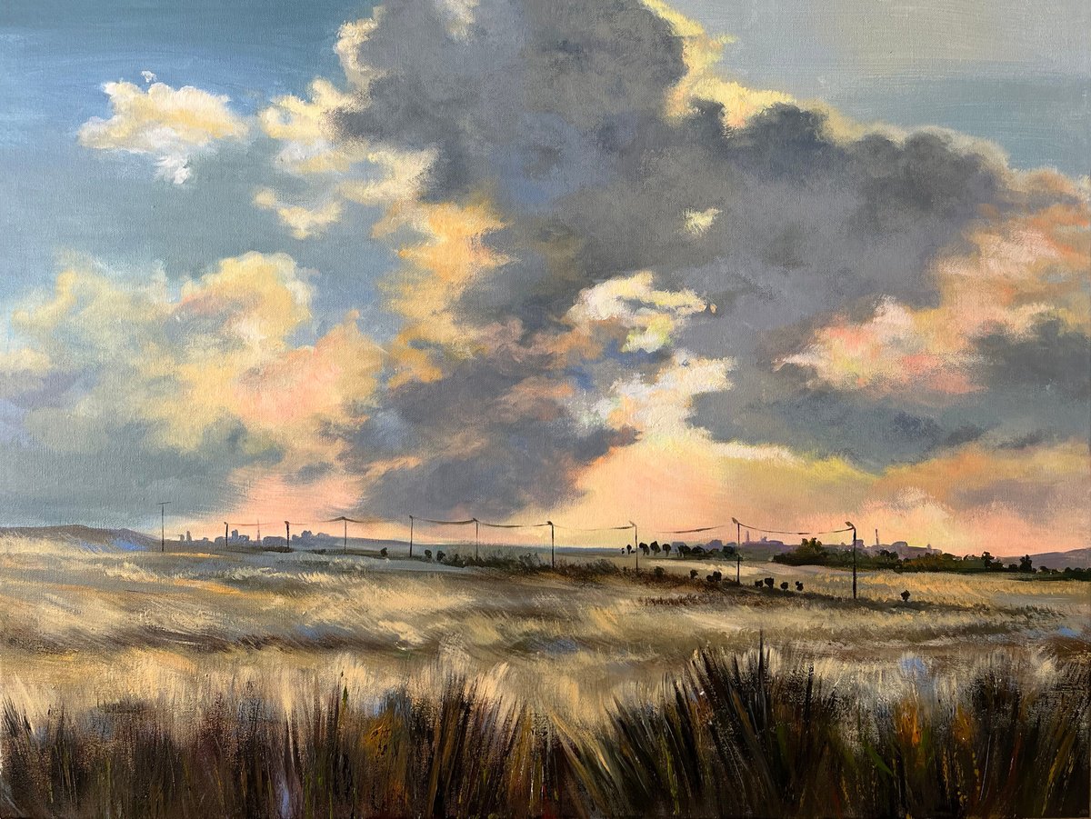 Impressionistic Landscape Acrylic Painting By Maria Kireev, 31 X 24", Sunset On The Hills Of Benjamin, Original Artwork