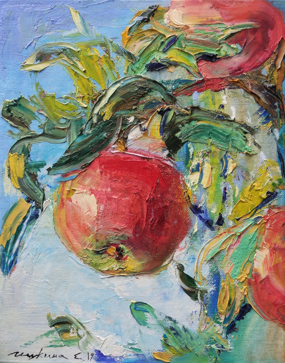 Apple tree branch and sky. Original oil painting by Helen Shukina