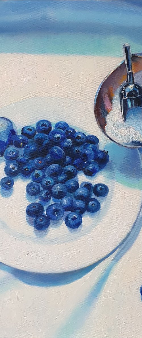 "Slightly sour.  "  still life summer blueberry blue berries  white liGHt original painting  GIFT (2021) by Anna Bessonova (Kotelnik)