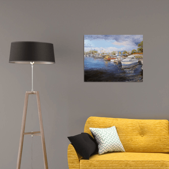 Toronto Island boats, original, one of a kind, oil on canvas impressionistic landscape (24x30x0.7'')