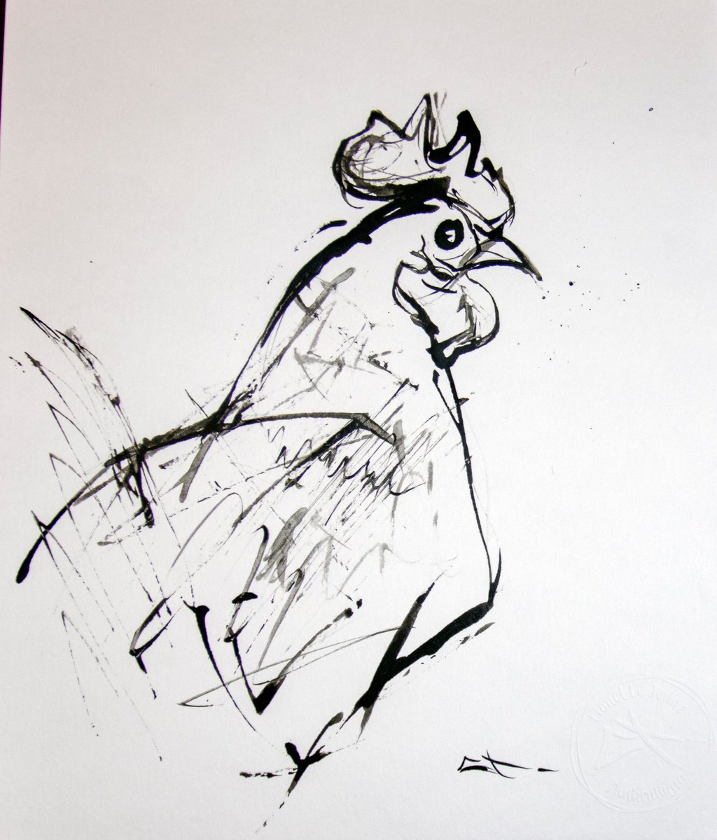 Expressive Animal Ink Drawing By Lionel Le Jeune, 8 X 10", Poule, Original Artwork