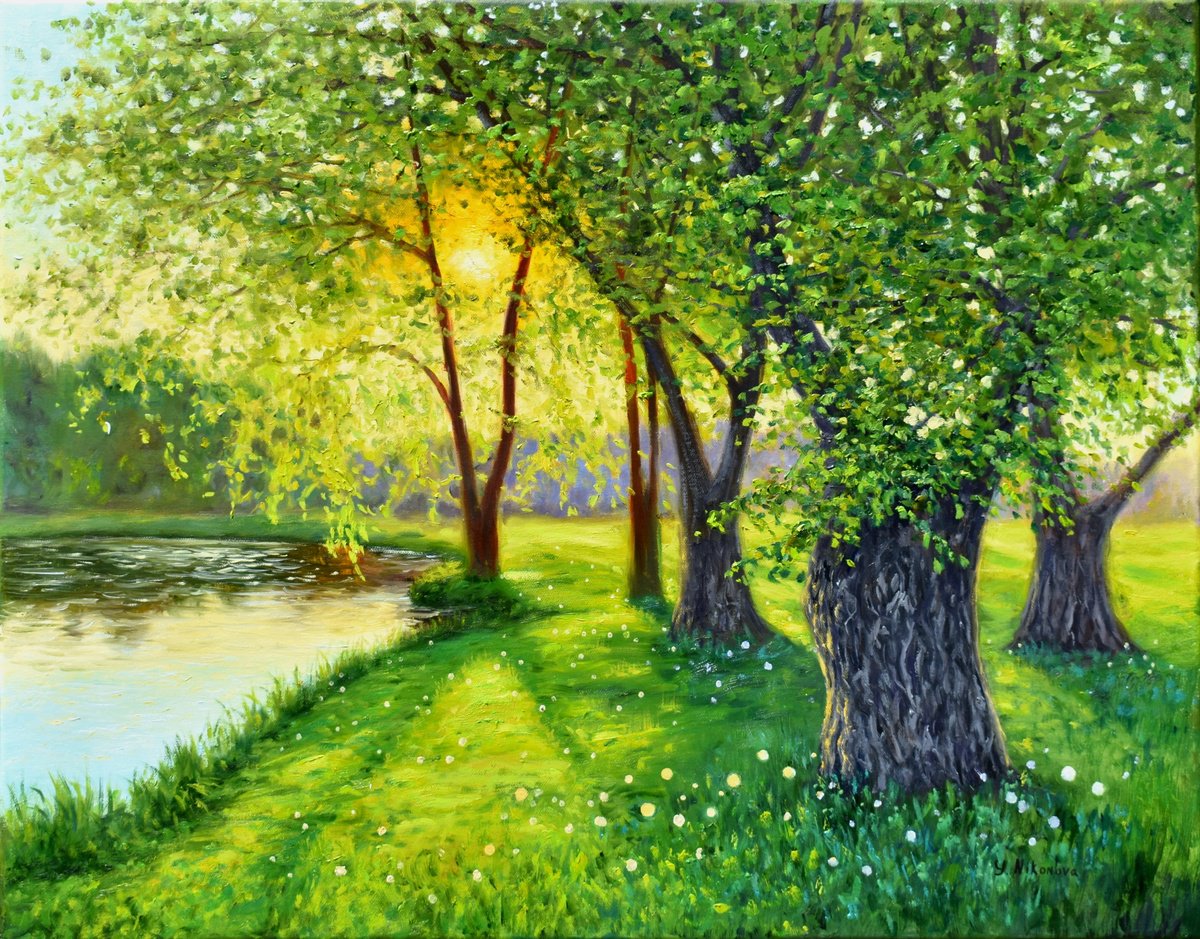 Impressionistic Landscape Oil Painting By Yulia Nikonova, 28 X 22", Spring Evening In Colts Neck, Original Artwork