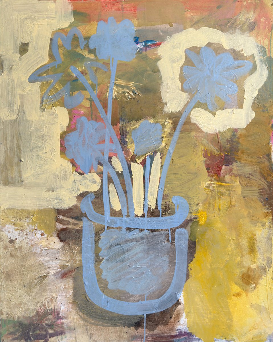 Naive Still Life Acrylic Painting By Zakhar Shevchuk, 31 X 39", Urban Bouquet, Original Artwork