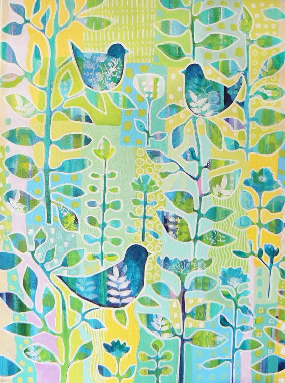 Spring garden (blue birds and plants patterned artwork - ready to hang)