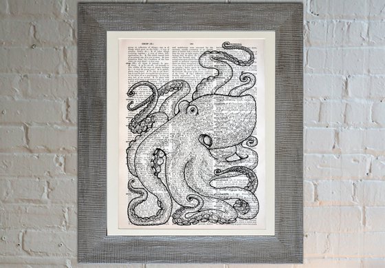 Octopus On The Page - Collage Art Print on Large Real English Dictionary Vintage Book Page