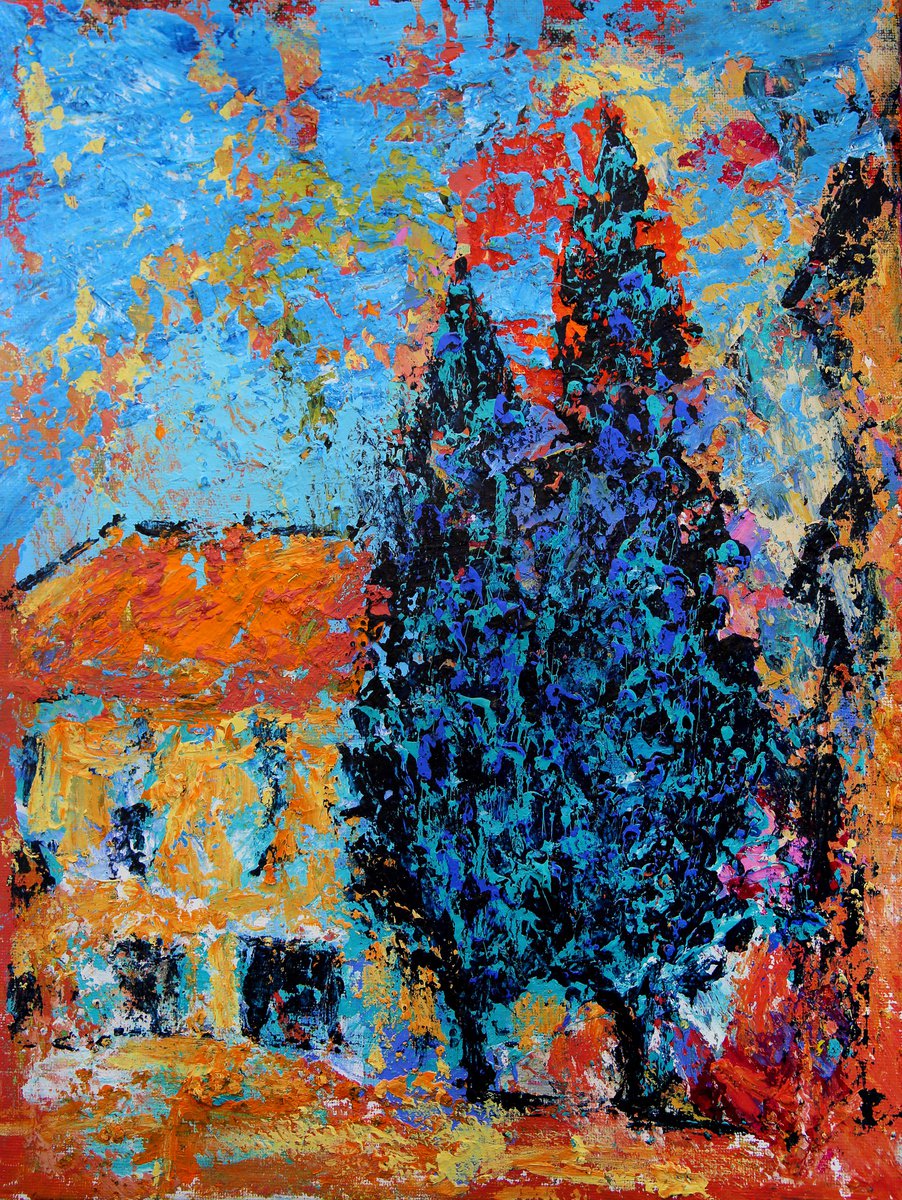 Impressionistic Cityscapes Acrylic Painting By Denys Kuvaiev, 14 X 18, Trees Behind The Old ?athedral, Original Artwork