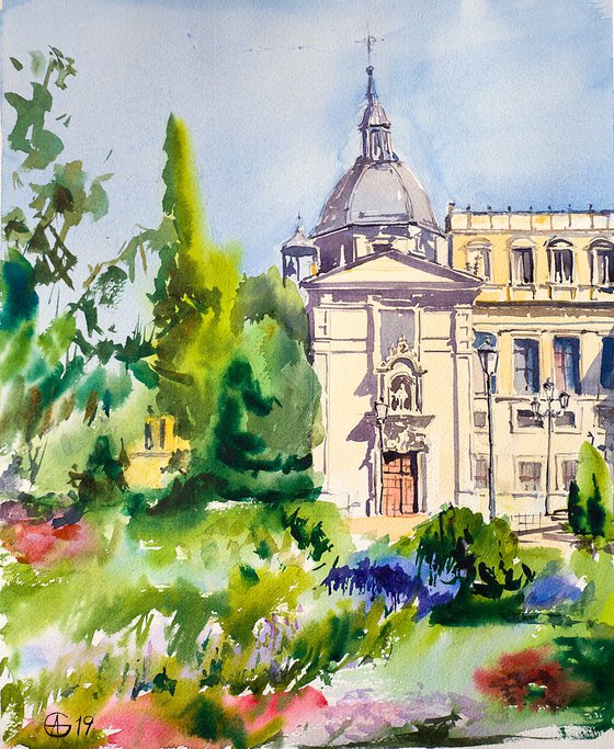 Salamanca, Spain. Original watercolor. Small artwork sun greet city urban spanish cityscape travel trip old town