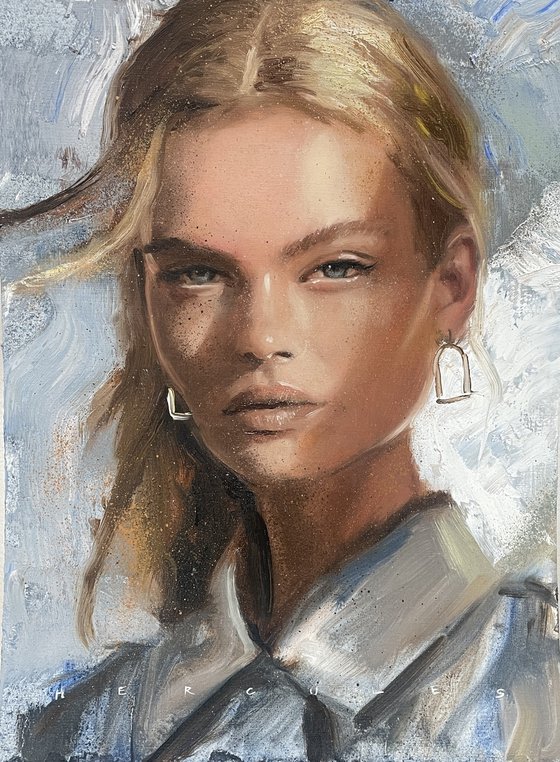 Dancing locks, strong portrait of a fierce blonde woman in oil on paper