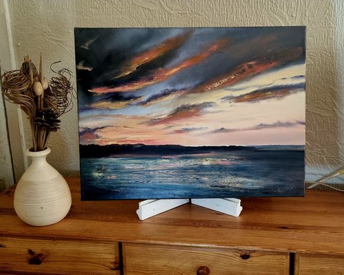 Red Sky at Dawn 24"x18"×2" Seascape Oil Painting by Hayley Huckson