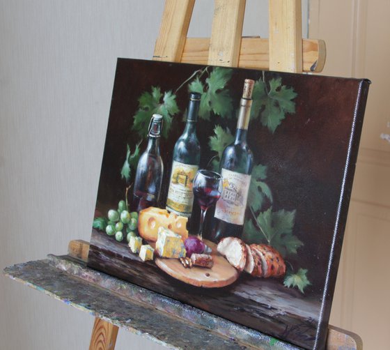 Still life with wine and cheese