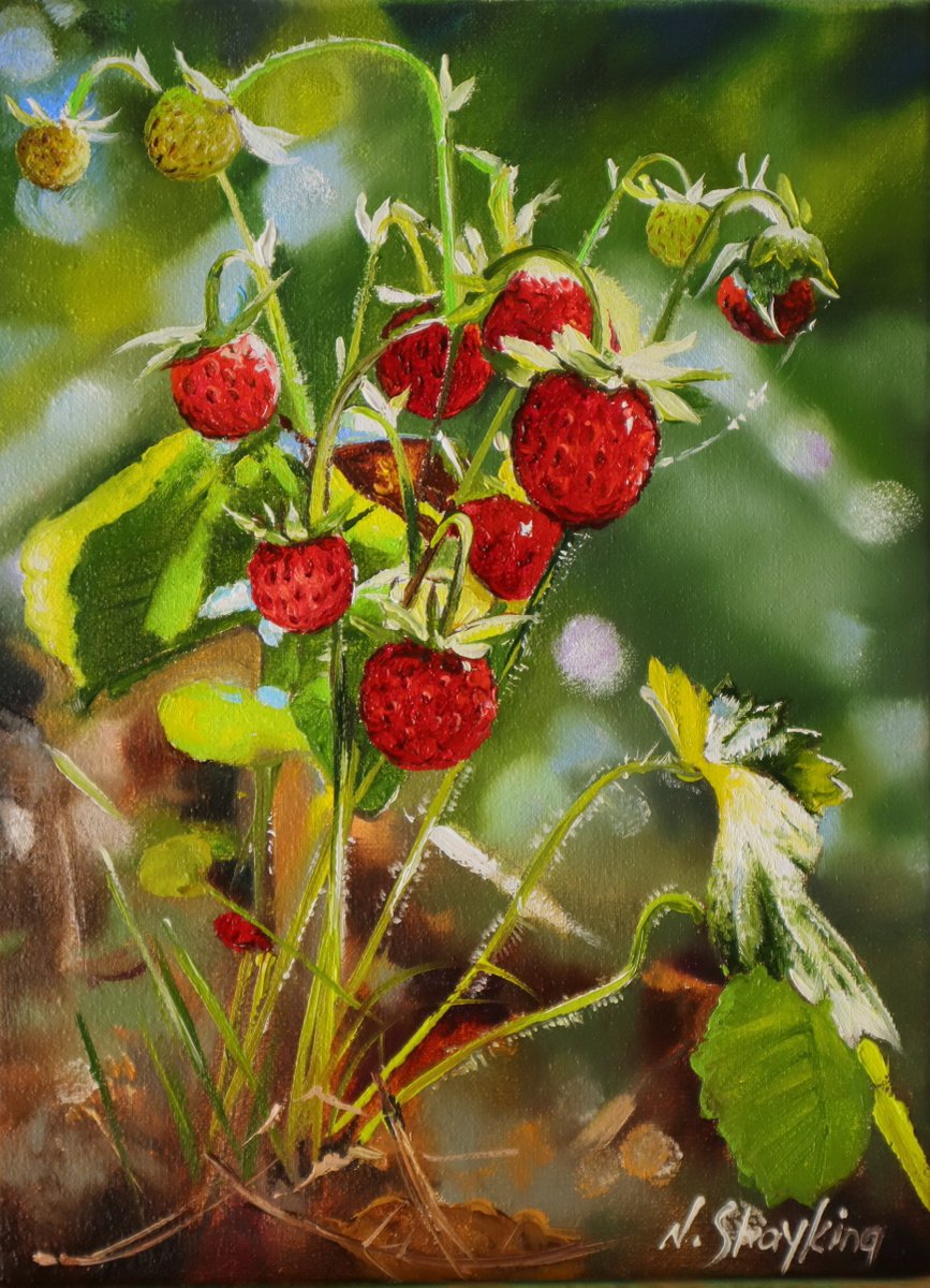 Strawberry Bouquet, Original Oil Painting on Canvas, Strawberry in Nature Realistic oil pa... by Natalia Shaykina