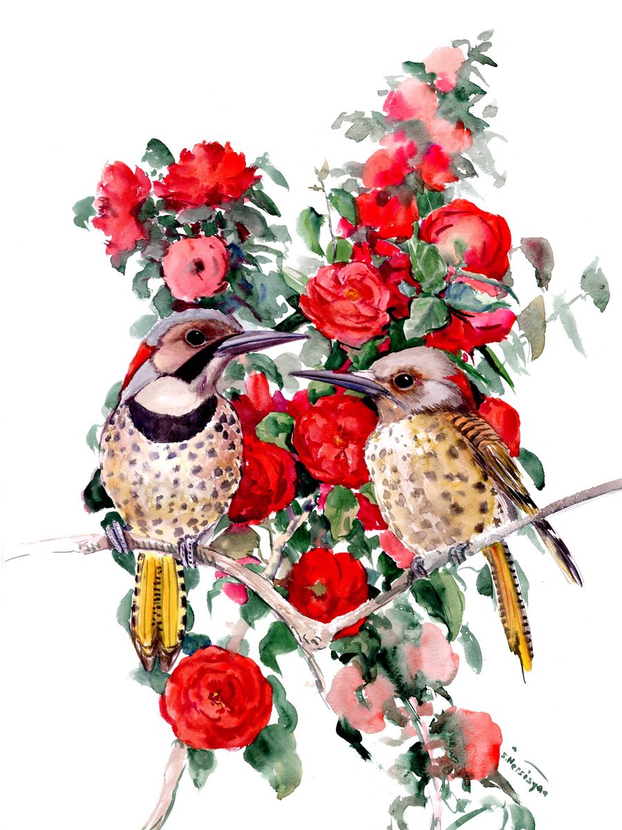 Botanical Watercolour By Suren Nersisyan, 18 X 24", Alabama State Bird And Flower, Yellowhammer And Camelia, Original Artwork