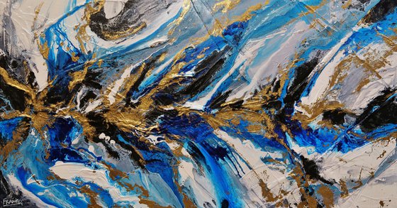 Golden Blue Silk 190cm x 100cm Blue Gold Abstract Art