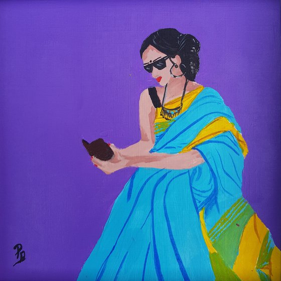 Original POP Art - Blue saree Insta Indian painting, Modern Asian painting
