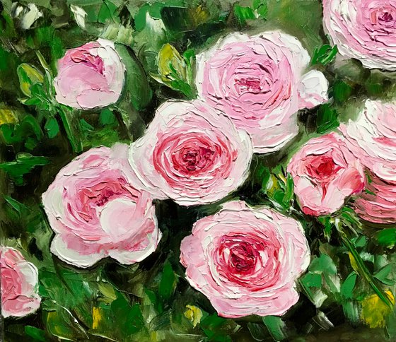 Roses in bloom, garden, oil painting on canvas.