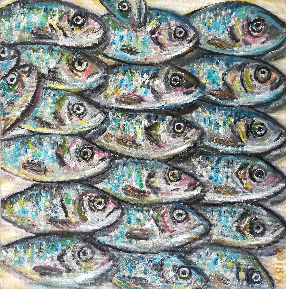 Fishes on Market Stall Original Oil on Canvas Board Painting 8 by 8 inches (20x20 cm) by Katia Ricci